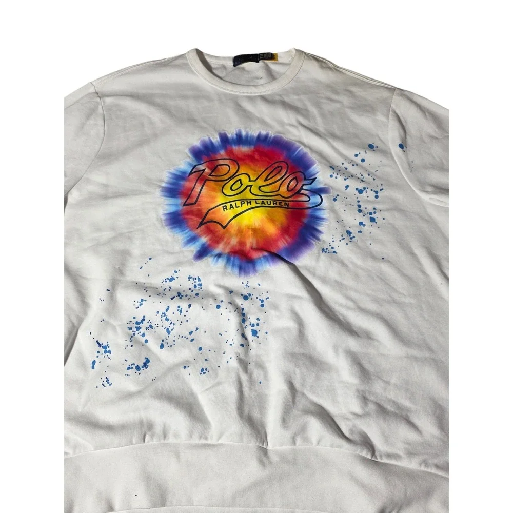 Polo Ralph Lauren Tie Dye Logo Crewneck Sweatshirt‎ Mens XXL White Blue Splatter